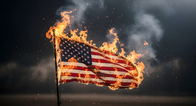 A powerful and symbolic image of a burning American flag, conveying intense emotions and a sense of turmoil or protest