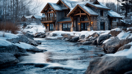 Luxury, high end, elaborate Mountain Cabin next to an icy, flowing stream after a heavy snowfall