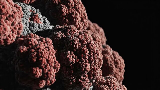 Close up visualization of malignant cellular abnormal growth forming a tumor mass in a dark microscopic environment