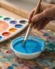 Artistic closeup of a hand dipping a brush into blue acrylic paint on a messy palette with vivid color splashes in a boho environment