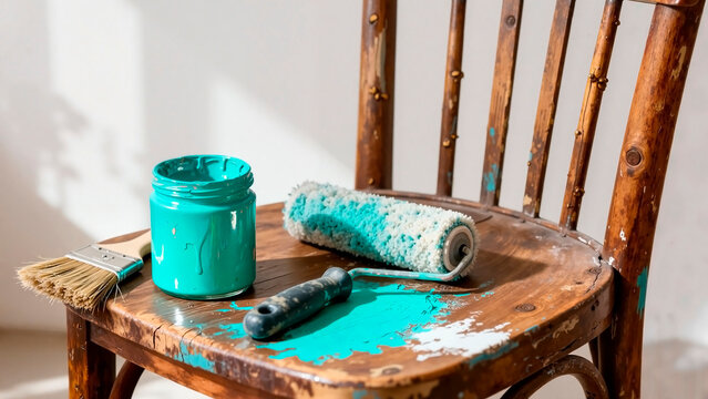 A paint roller and brush on an old wooden chair next to an open can of teal paint