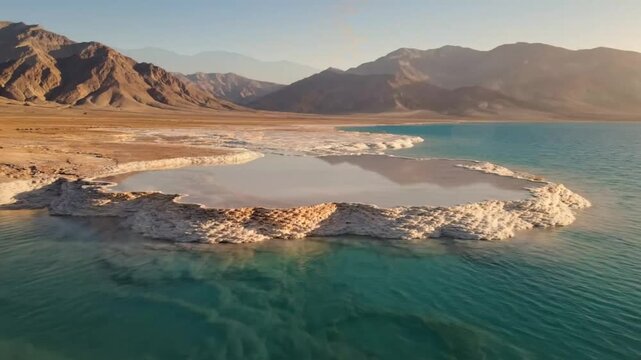 Scenic drone view of lake with salt formations and mountains at sunrise or sunset in a desert landscape