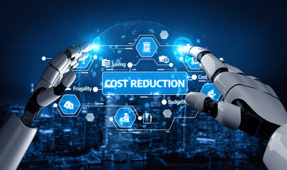 Obraz premium Futuristic robotic hands engage with a digital interface showcasing cost reduction strategies, emphasizing financial analysis, budgeting, and saving concepts in business. Tessel