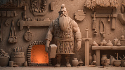 Clay Style Medieval Blacksmith in Workshop with Glowing Forge and Handmade Tools