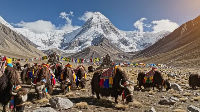 Scenic View of a Herd of Yak Grazing in Front of a Towering Mountain Range on a Sunny Day