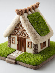 Cozy clay cottage house model with moss roof, isolated on light background