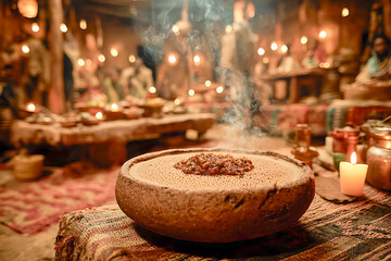 A warm, atmospheric scene of a rustic candlelit interior where a steaming dish rests on a wooden table, surrounded by glowing flames, soft smoke, and a ritual-like communal setting.