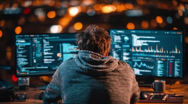 Homem Trabalhando no Computador Analisando Dados Representando Tecnologia, Estrat&eacute;gia e Tomada de Decis&atilde;o