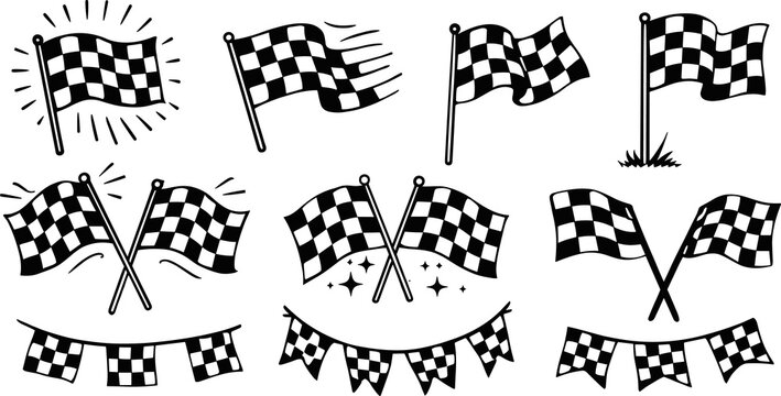 Checkered racing flag icon set in black and white for motorsport and auto racing themes. Vector collection of finish and start flags designed for racing events, branding and sports graphics.