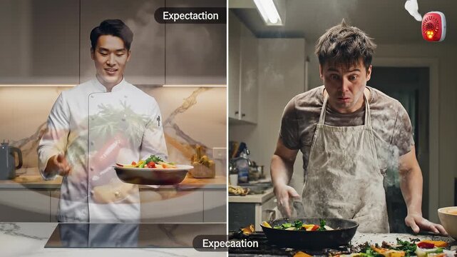 Expectation versus reality cooking failure in a messy kitchen