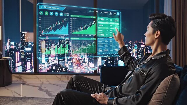 Futuristic trader managing cryptocurrency portfolio on holographic display