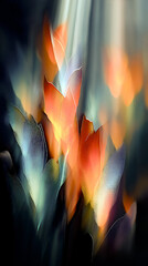An abstract, ethereal composition of translucent leaf-like forms glowing in warm orange and cool blue tones, softly blurred to create a dreamy, luminous atmosphere.