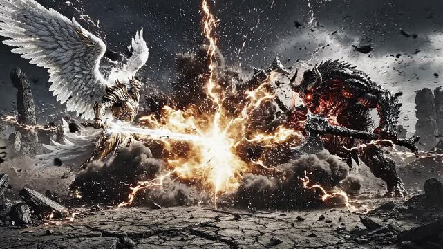 Epic battle between angel and demon in a desolate wasteland