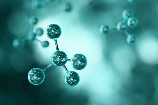 Cinematic 3D render of teal glass molecules with realistic water bubbles inside. Abstract scientific background with bokeh depth of field, representing biotechnology, dark chemistry