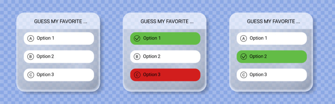 Glassmorphism poll UI cards, stickers showing quiz GUESS MY FAFORITE, voting options with selected and unselected states. Frosted translucent interface design for web, app, UX, UI, social media 