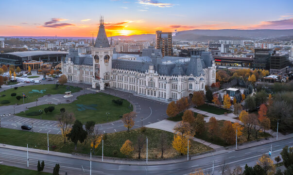 Aerial view morning shot with Cultural Palace, the landmark of Iasi City Center in Romania