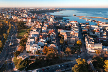 Fototapeta premium Aerial view sunset shot with Constanta City Center in Romania