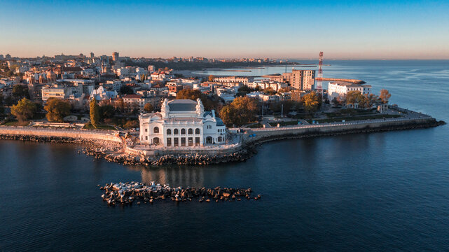 Aerial view sunset shot with Constanta City Center in Romania