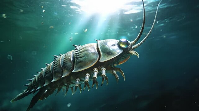 Cinematic underwater close up shows single armored prehistoric arthropod swimming through dark blue water, with long antennae stretched forward and sharp spines catching shafts of sunlight from