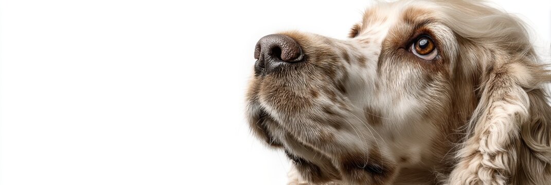 Isolated English cocker spaniel sitting and gazing to the side against a white background