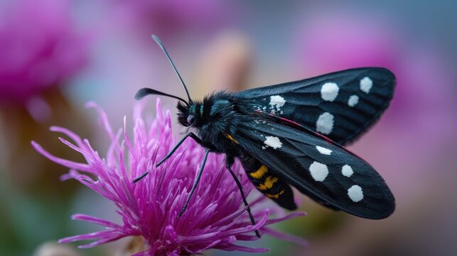 A black moth adorned with white dots resting on a pink thistle flower, captured from above against a softly blurred colorful backdrop