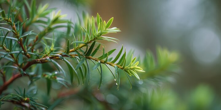 Yew tree with new green needles sprouting from branches against a natural green backdrop