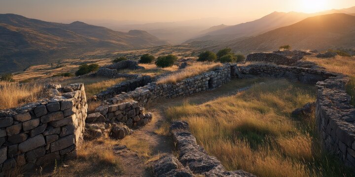 Remnants of a prison facility located at the base of a mountain