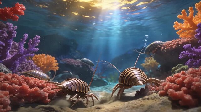 Cinematic underwater habitat shot captures pair of trilobites exploring coral garden, moving jointed legs and long antennae across seabed under dramatic light beams.