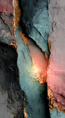 An abstract textured surface with cracked layers of muted paint in teal, gray, and blush tones, highlighted by glowing gold accents along the fissures.
