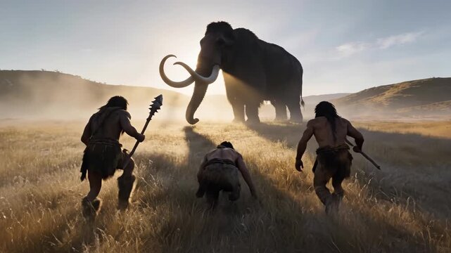 Epic Ice Age hunting scene shows spear armed men in fur clothing surrounding mammoth from distance, walking through dry meadow as huge tusks curve in warm sunlight and mist hangs low.