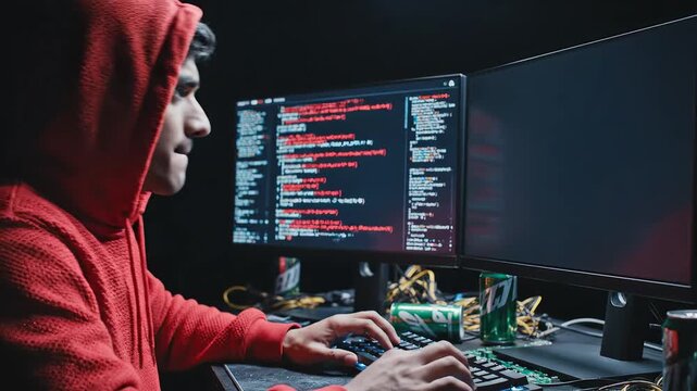 Person coding on dual monitors