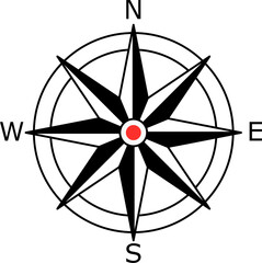 Nautical compass symbol with red center point, simple flat style Directional sign with N S E W letters for geography and orientation