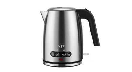 A stainless steel electric kettle with digital temperature display on transparent background © Joseph