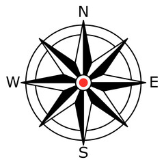 Nautical compass symbol with red center point, simple flat style Directional sign with N S E W letters for geography and orientation