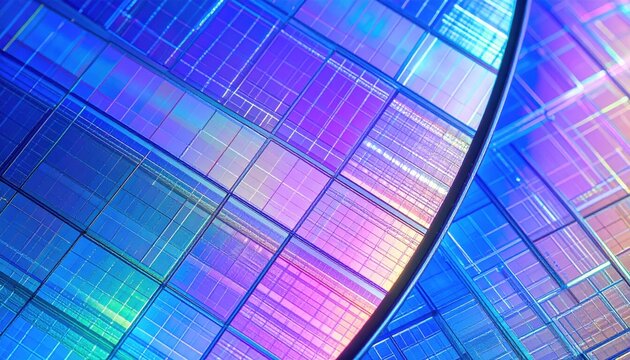 Macro shot of a silicon semiconductor wafer reflecting iridescent blue and purple light in a grid pattern layout