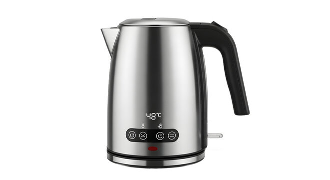 A stainless steel electric kettle with digital temperature display on transparent background
