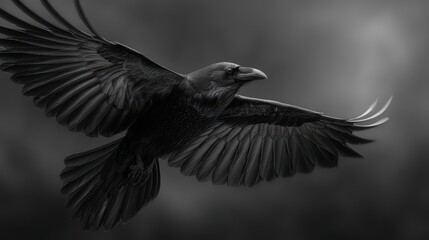 Obraz premium Flying black raven in monochrome, capturing the essence of Halloween