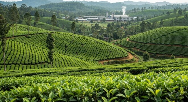 Lush green tea plantation landscape with rolling hills and a factory in the background