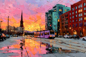 A vibrant, painterly city street at sunset with a tram moving through wet pavement, reflecting colorful buildings, lights, and a dramatic sky.
