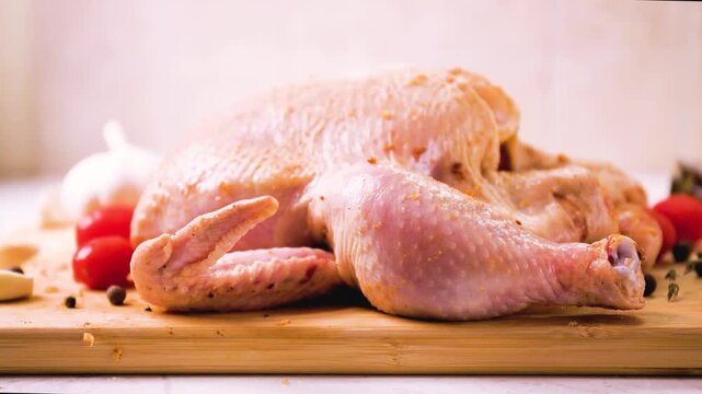 Close-up of hand sprinkling spices on raw whole chicken. Preparing fresh poultry meat on a wooden board with garlic and tomatoes for a roast dinner. High quality 4k footage