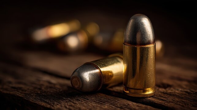 Shiny pointed bullets for a 5.56 rifle on a dark wood surface