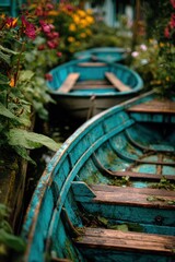 Fototapeta premium Charming colorful vintage boats on a canal in a city environment
