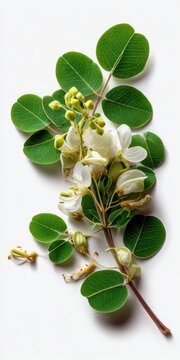 Fresh moringa leaves and blossoms on a plain background