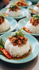 Grilled pork served with rice and a spicy sauce