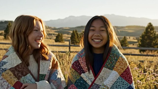 Two young women smiling and laughing together outdoors wrapped in colorful patchwork quilts during golden hour