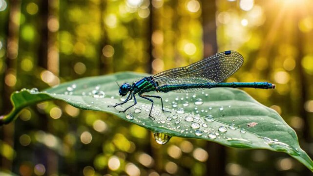 Detailed close-up of a vibrant dragonfly perched on a wet green leaf, surrounded by a forest with bokeh