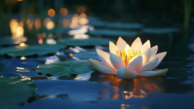Glowing lotus flower floats on water during the night elegant floral design