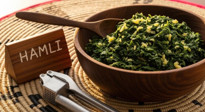Authentic Hamli Eritrean Spiced Spinach with Ginger in Deep Bowl, Golden Hour Backlight on Shemma Mat with Acacia Sign