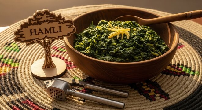 Authentic Hamli Eritrean Spiced Spinach with Ginger in Deep Bowl, Golden Hour Backlight on Shemma Mat with Acacia Sign