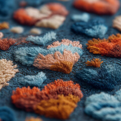 textured embroidery with coral like heart shapes in sea tones